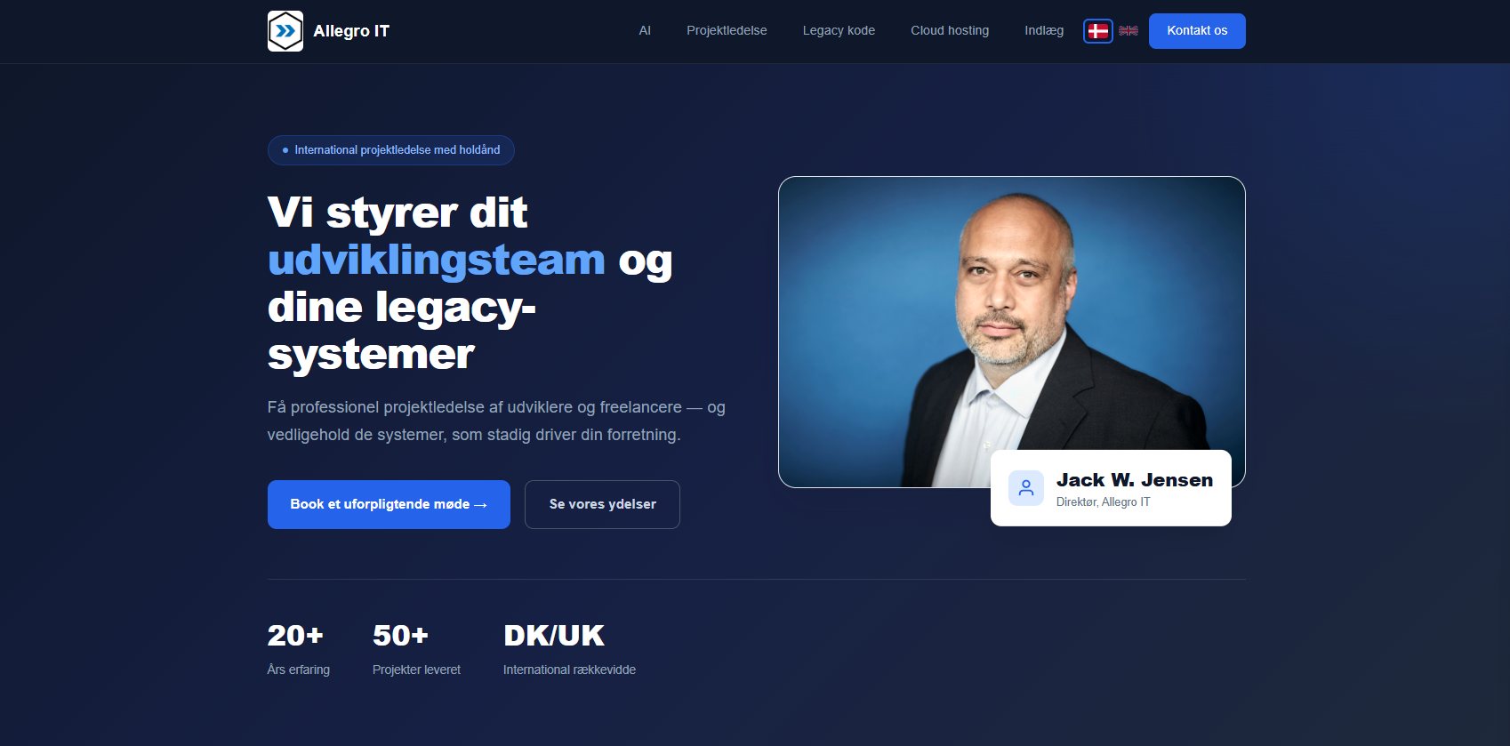Den nye allegroit.dk på plain PHP — forsiden som den ser ud nu, med direkte fokus på ydelser og kontakt